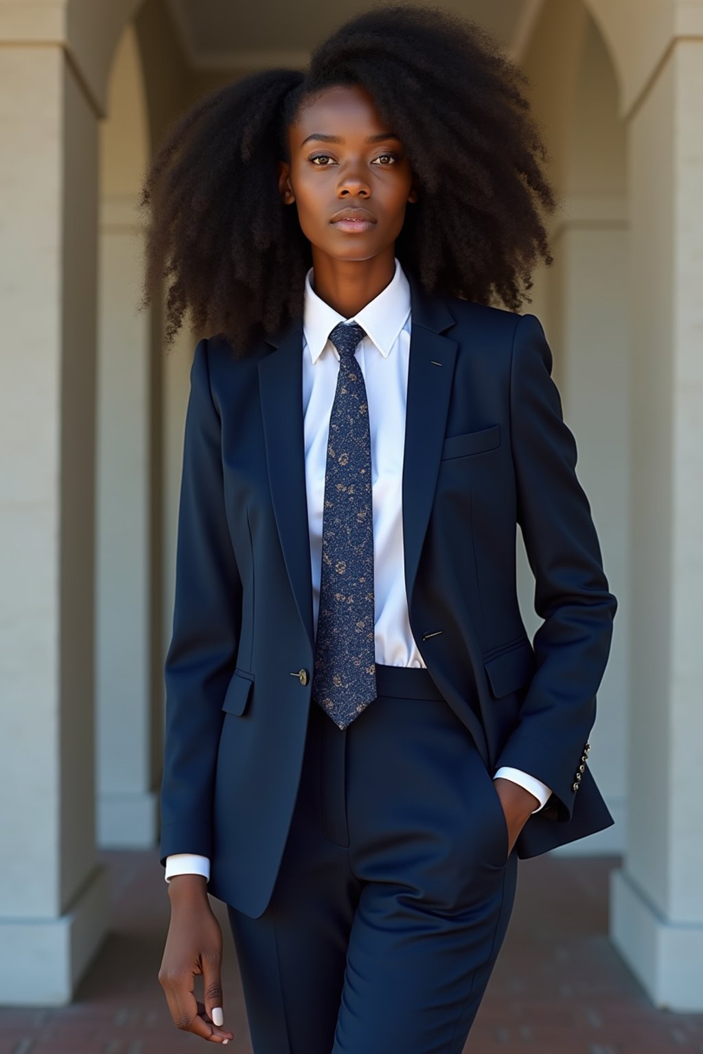 woman wearing a classic navy blue suit with a crisp white dress shirt and a patterned tie