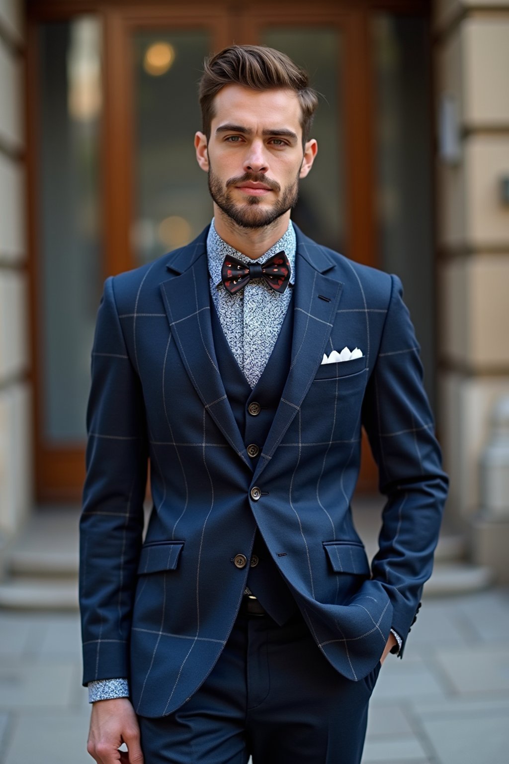 handsome and stylish man showcasing a unique windowpane check suit in a navy blue color with a patterned shirt and a contrasting bow tie