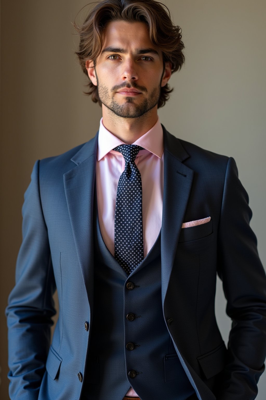 handsome and stylish man wearing a classic navy herringbone suit with a light pink dress shirt and a polka dot tie