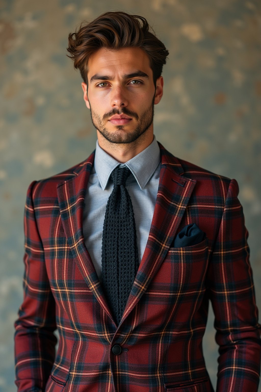 handsome and stylish man showcasing a dappersuit in a bold plaid pattern with a solid-colored shirt and a knitted tie