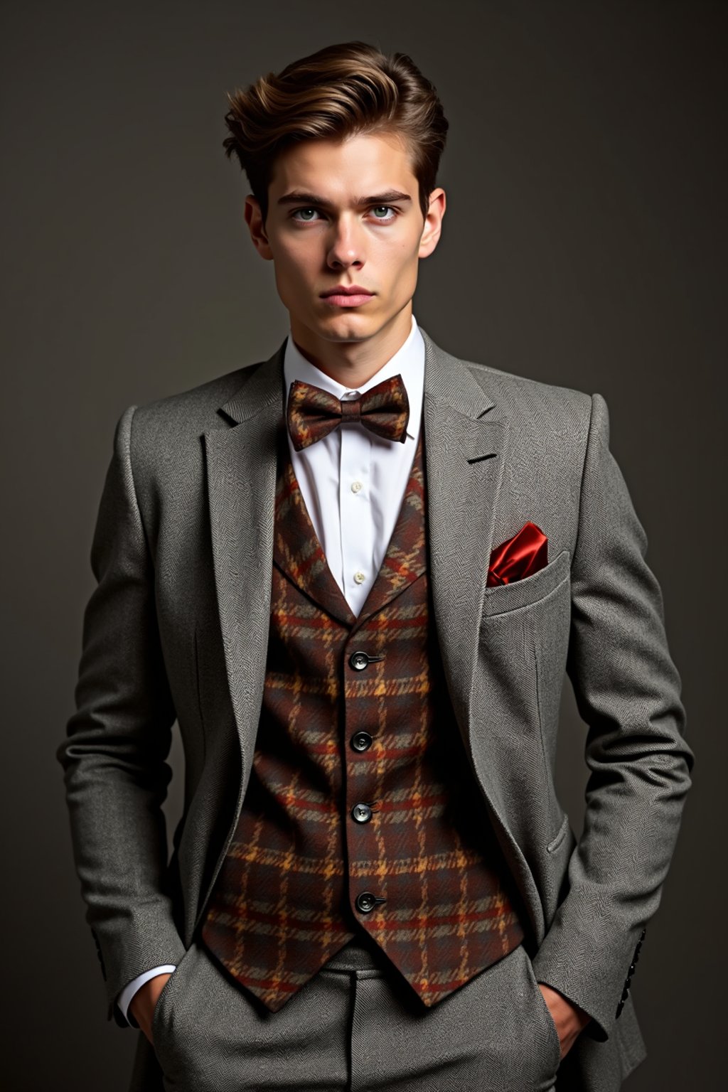 handsome and stylish man wearing a trendy tweed suit with a patterned bow tie and a contrasting vest