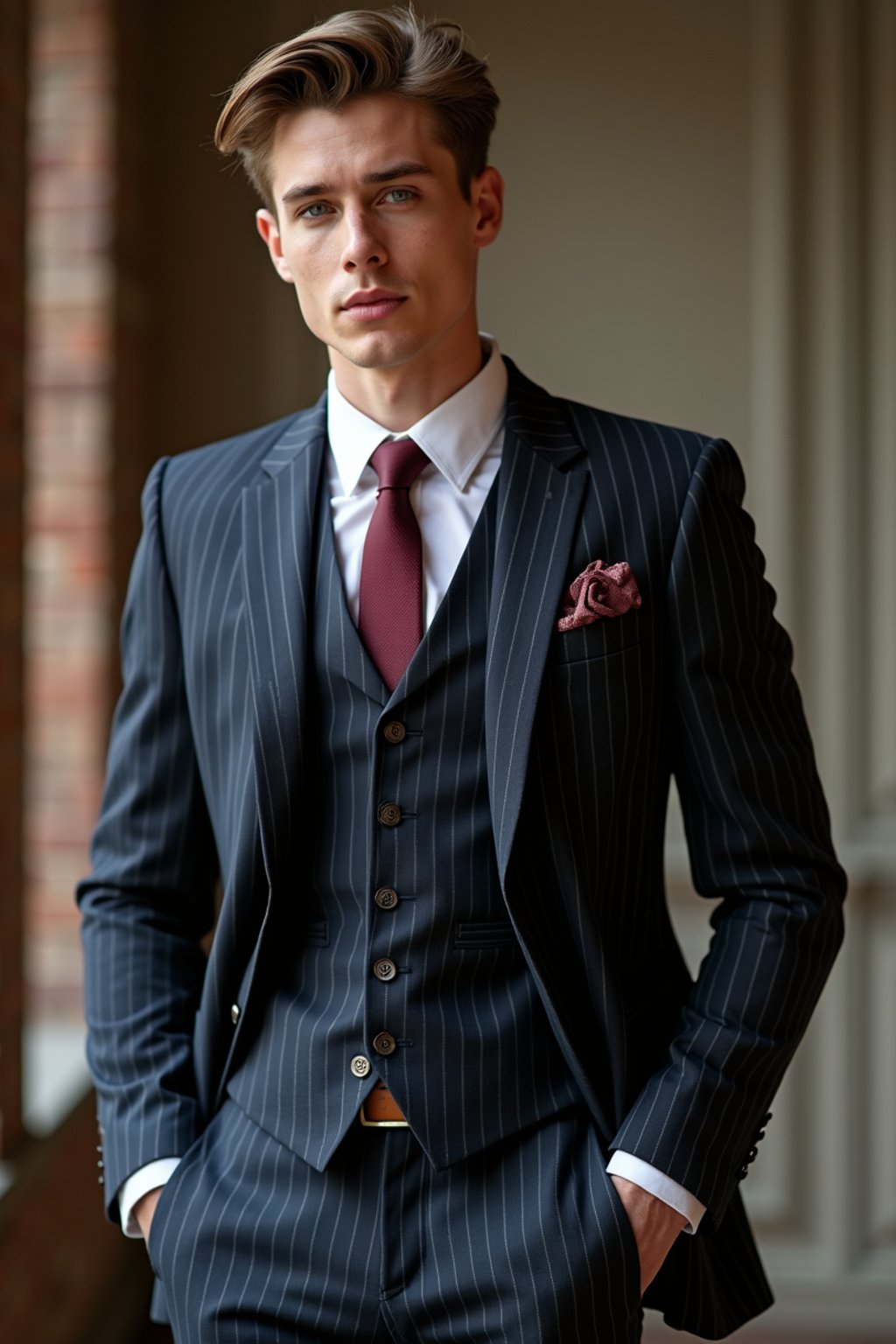 handsome and stylish man trying on a sophisticated pinstripe suit with a waistcoat and a burgundy tie