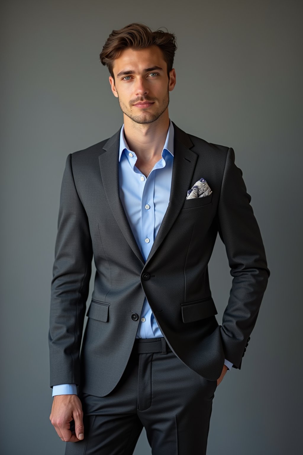 handsome and stylish man showcasing a modern slim-fit charcoal with a light blue dress shirt and a contrasting pocket square