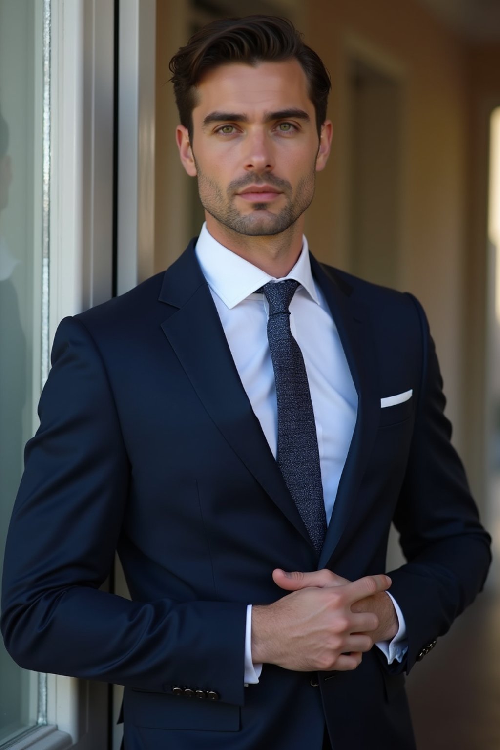 handsome and stylish man wearing a classic navy blue suit with a crisp white dress shirt and a patterned tie