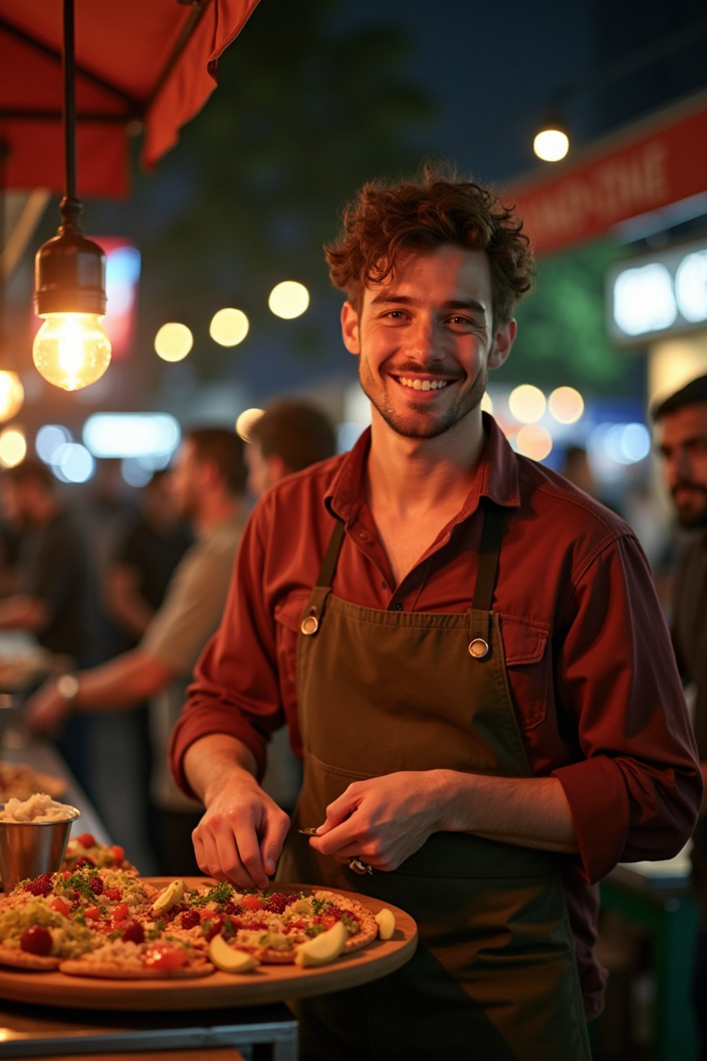 man at a pop-up food market at night, combining the love for street food with nightlife