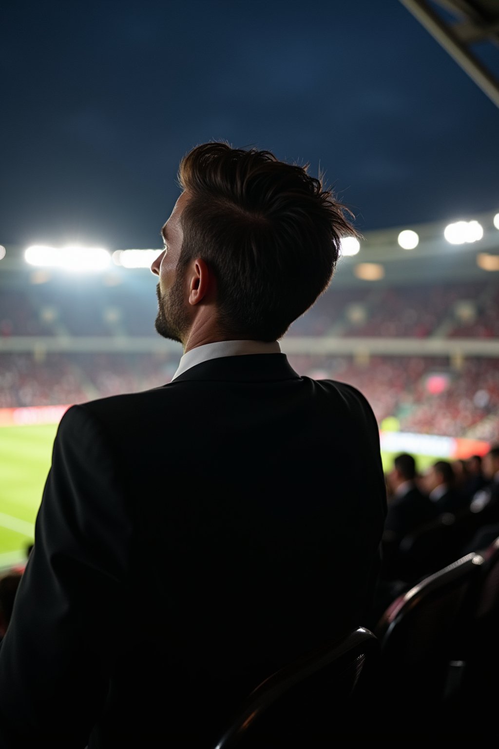 man wearing   black suit in a VIP box at a sporting event at night, capturing the thrill of live sports with nightlife