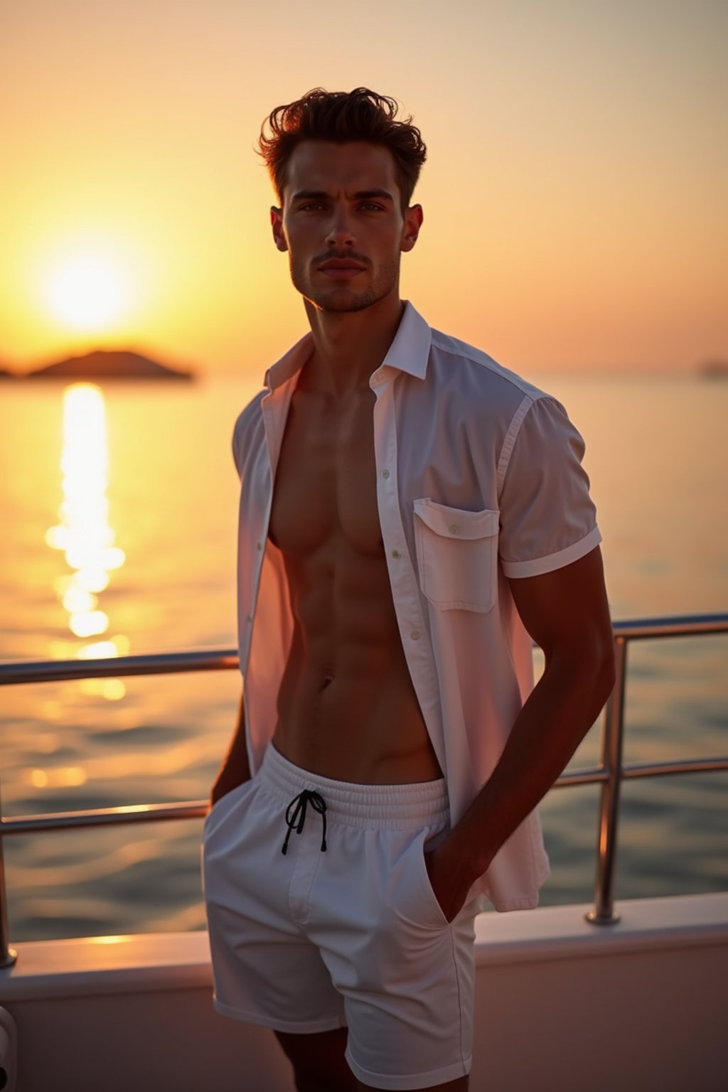 man wearing  shirt and swim shorts at an exclusive yacht party sunset, capturing the essence of luxury and opulence