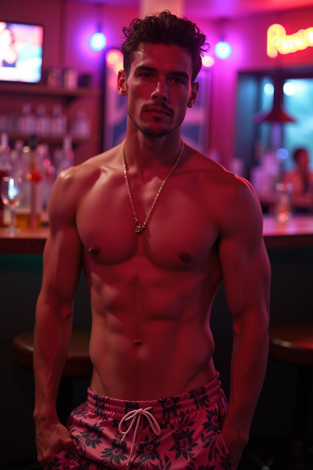 man , fit body in floral silk  swim shorts and shirtless at cocktail bar with neon lights