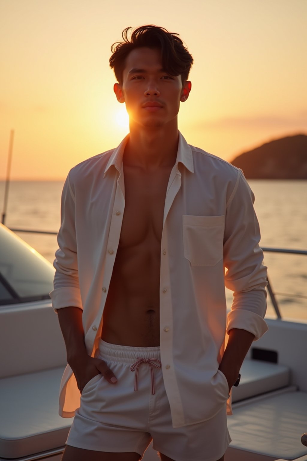 man wearing  shirt and swim shorts at an exclusive yacht party sunset, capturing the essence of luxury and opulence