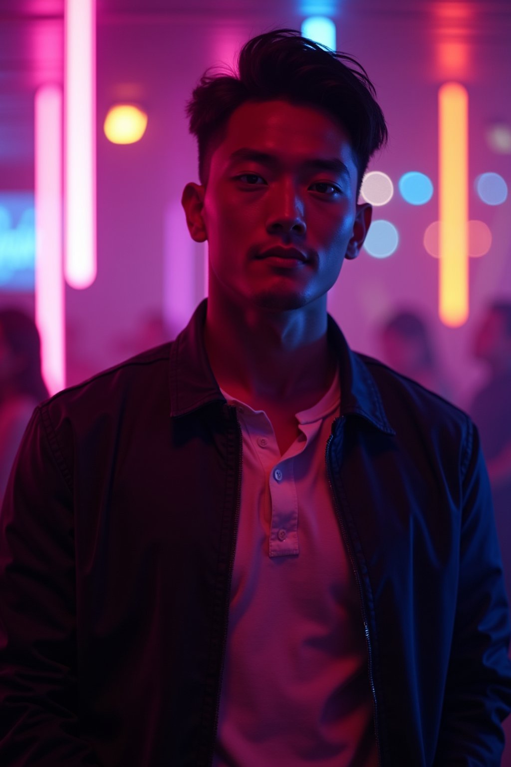 man wearing  smart casual in night club with neon lights