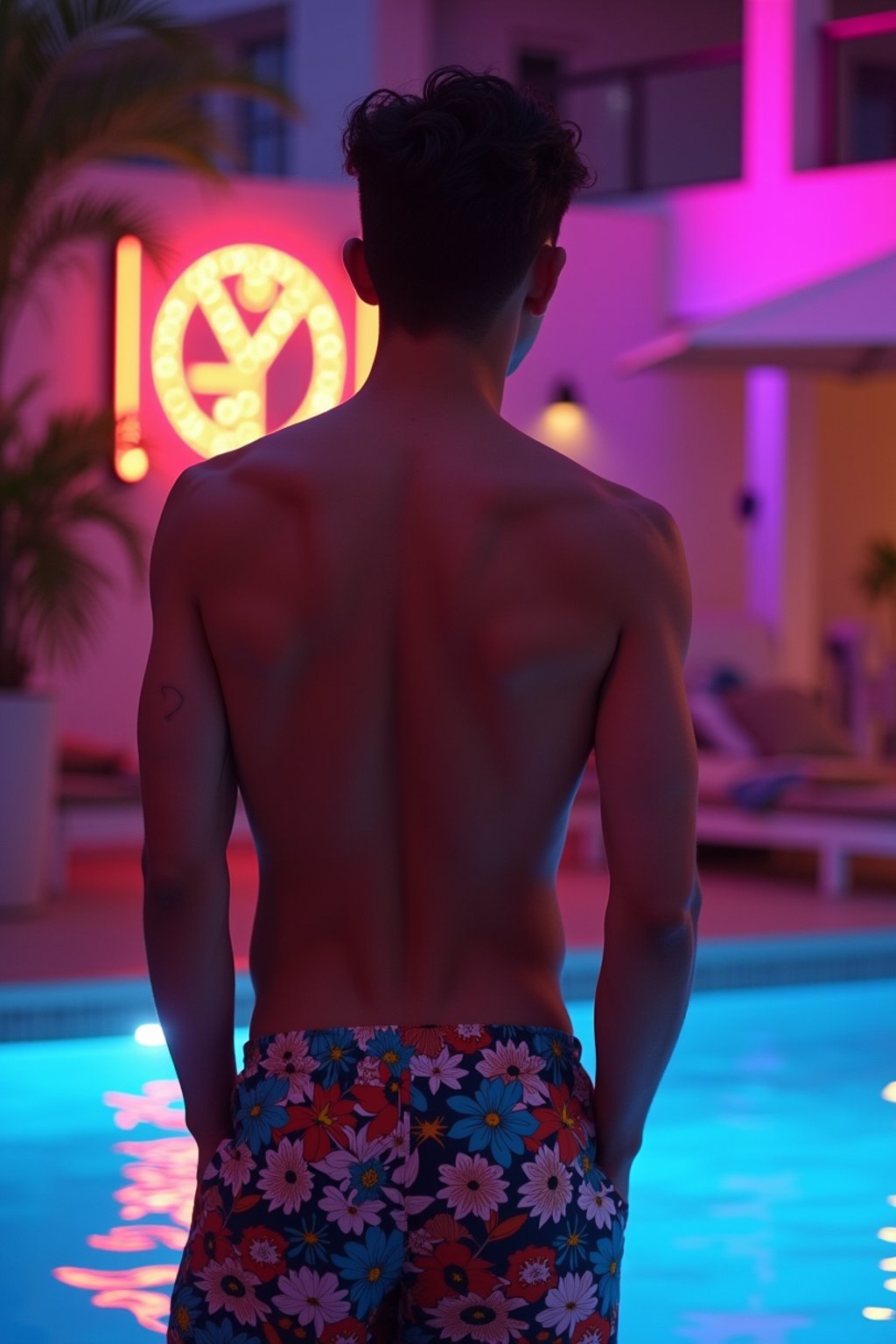 man , fit body in floral silk  swim shorts and shirtless at pool party with neon lights