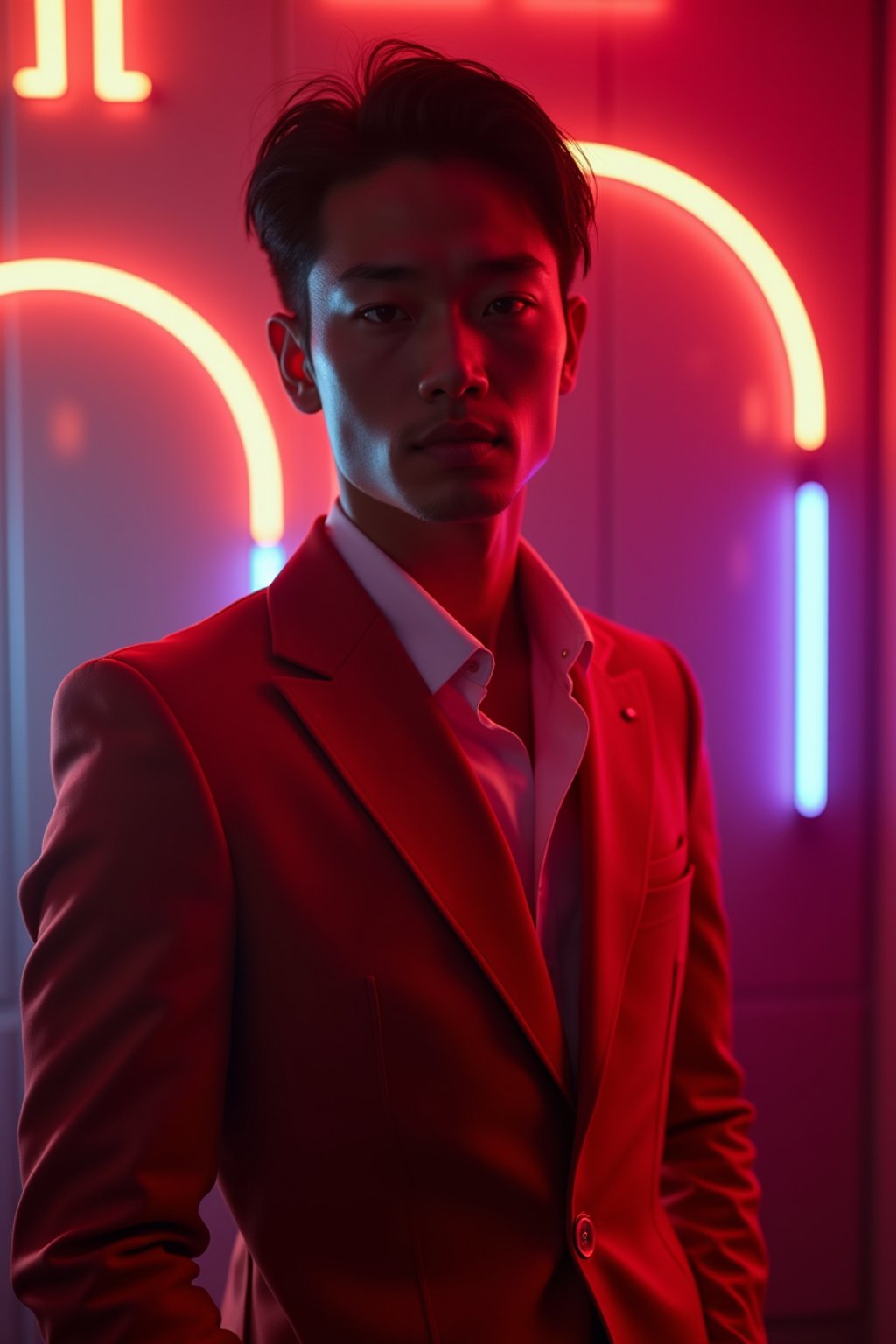 man wearing  (red suit) in night club neon lights