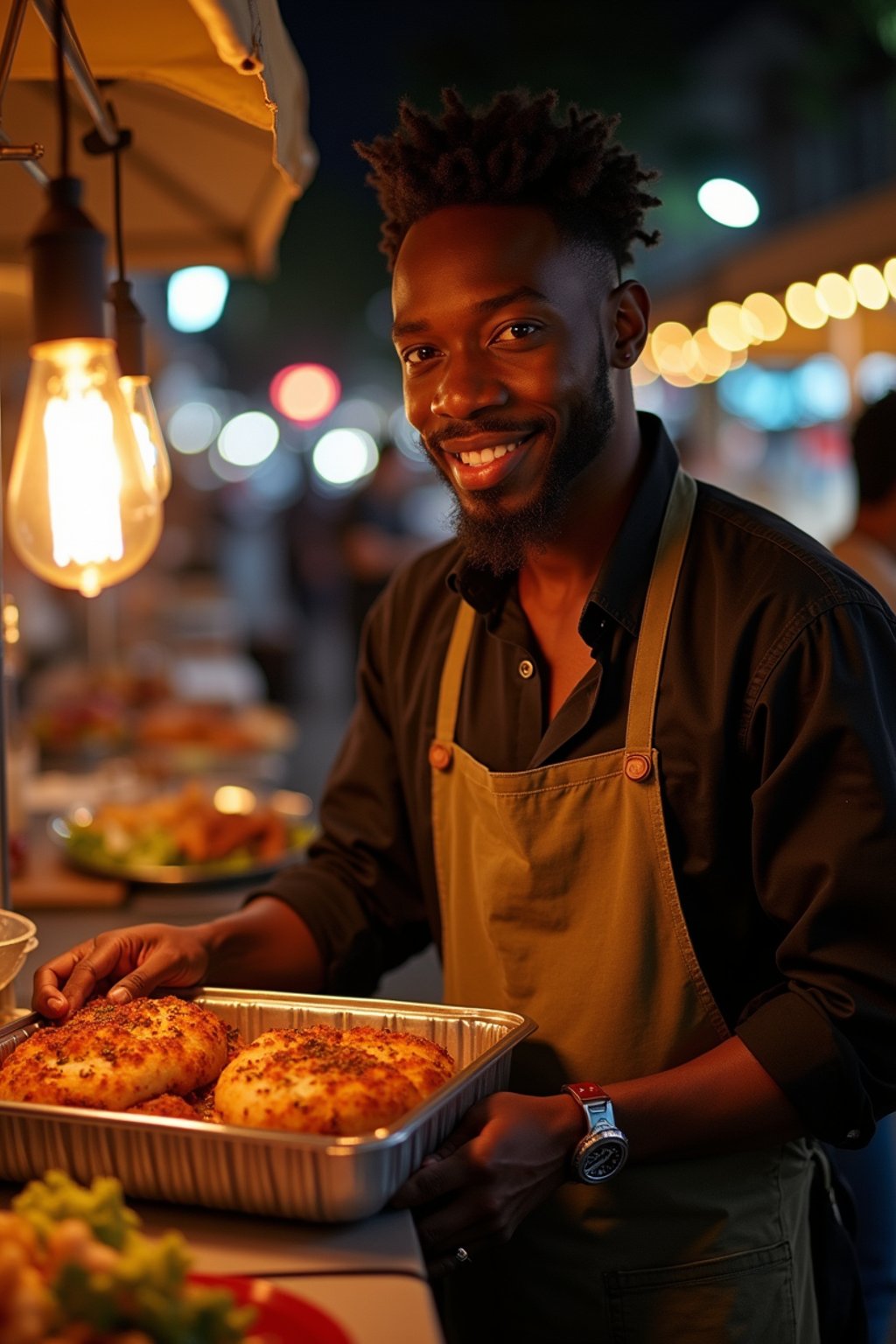 man at a pop-up food market at night, combining the love for street food with nightlife