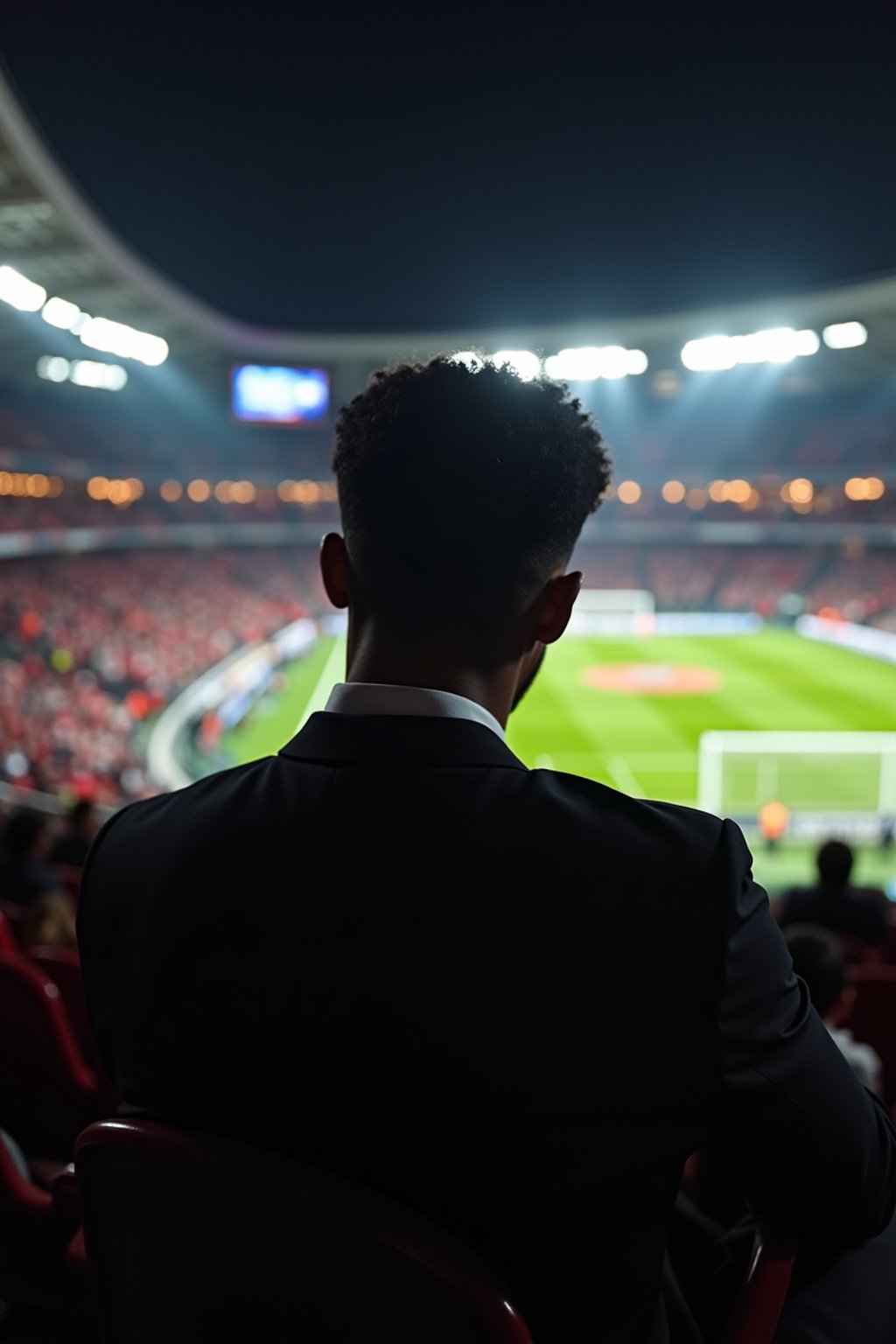 man wearing   black suit in a VIP box at a sporting event at night, capturing the thrill of live sports with nightlife