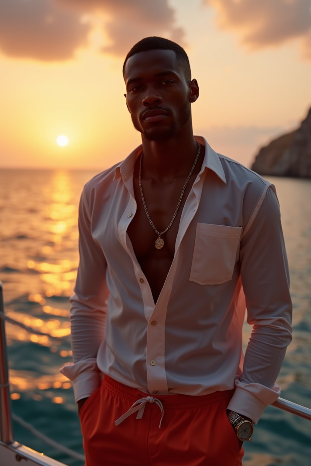 man wearing  shirt and swim shorts at an exclusive yacht party sunset, capturing the essence of luxury and opulence