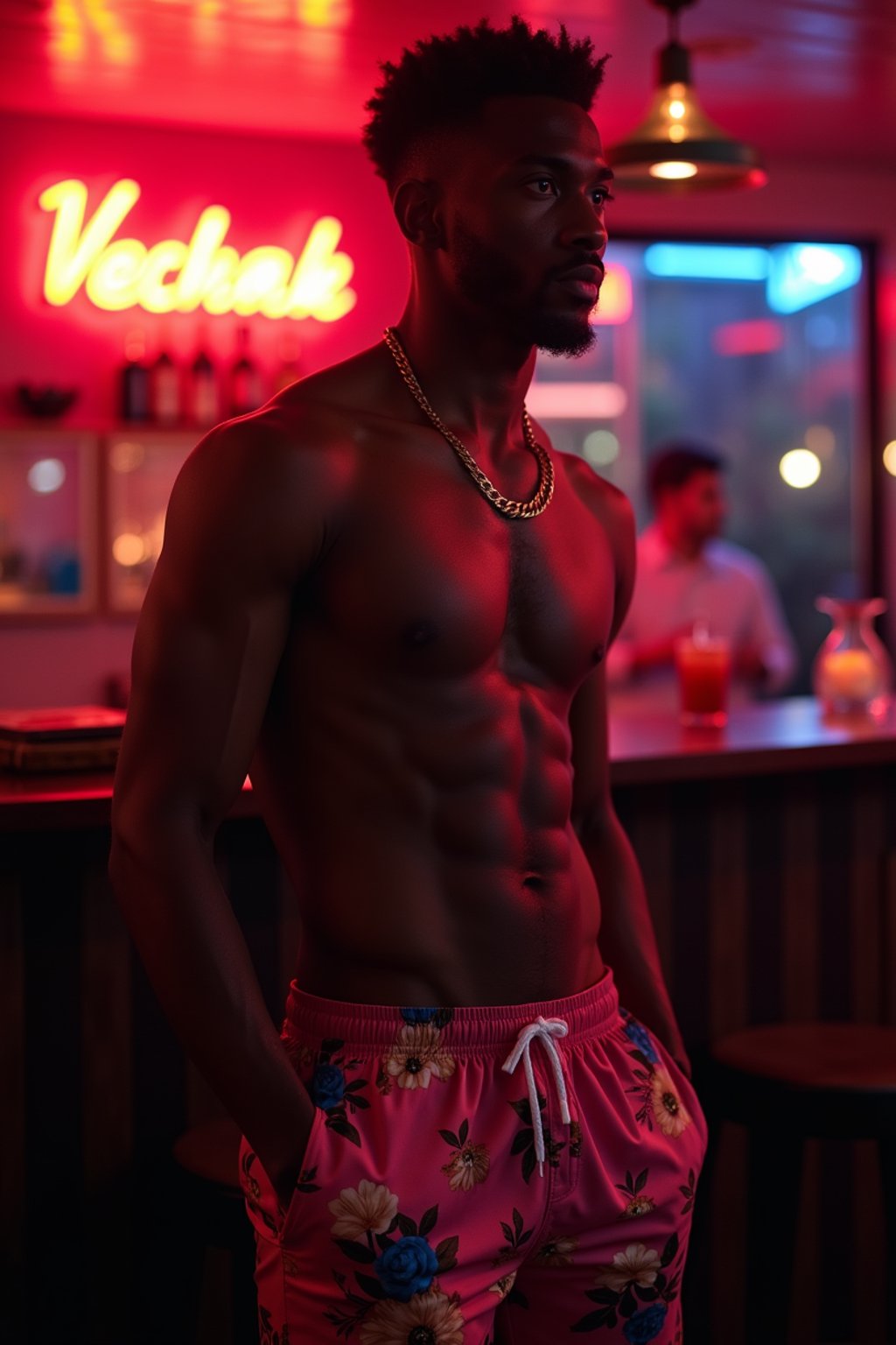 man , fit body in floral silk  swim shorts and shirtless at cocktail bar with neon lights