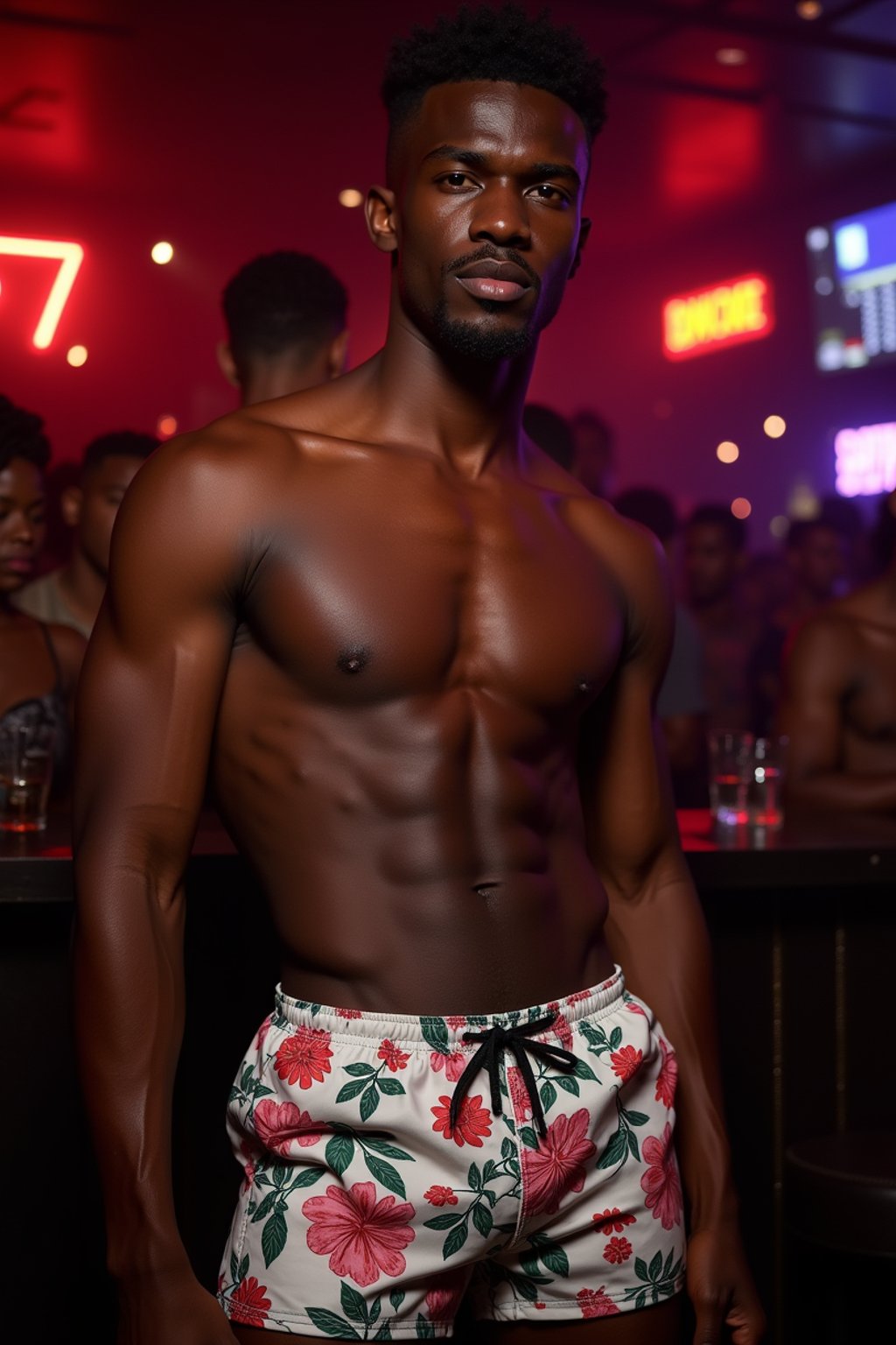 a man wearing  silk floral swim shorts in night club, instagram photo, instagram, , fit body