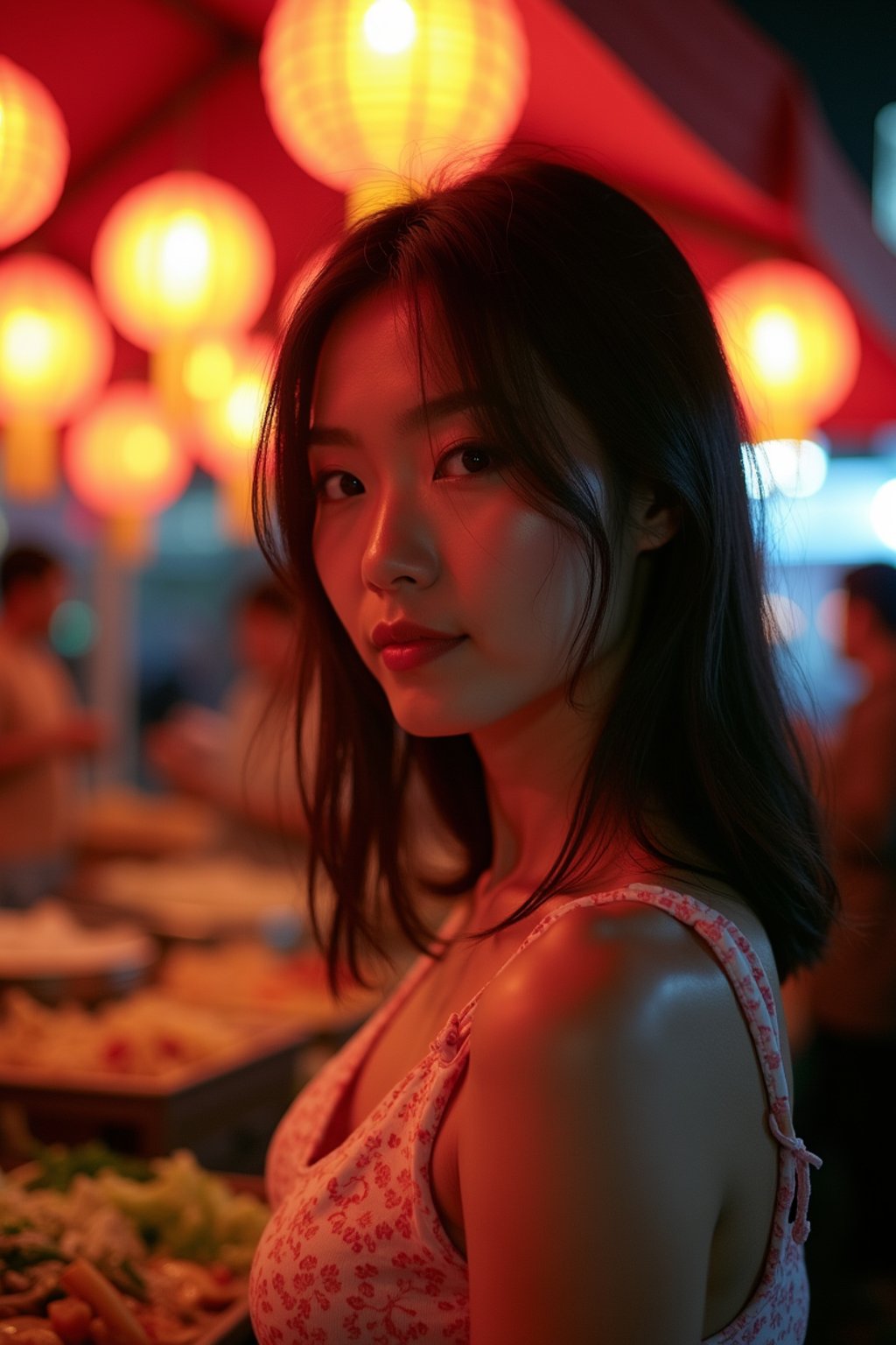 woman at a pop-up food market at night, combining the love for street food with nightlife