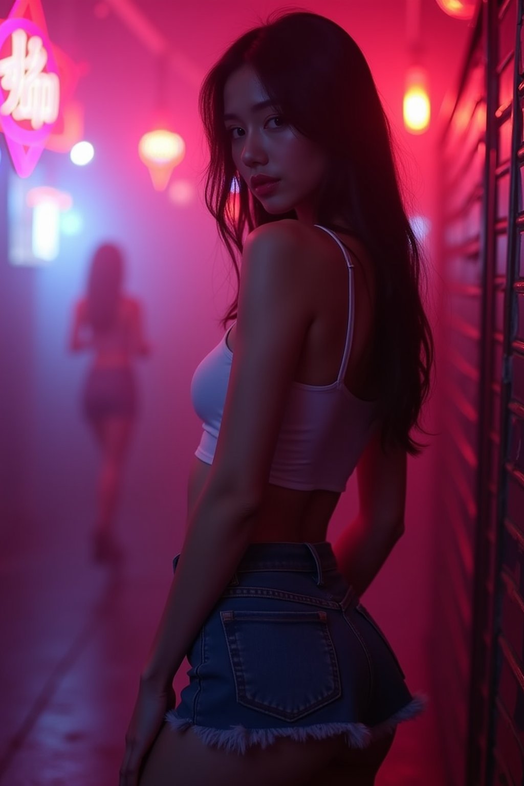 woman wearing mini skirt  in night club with neon lights