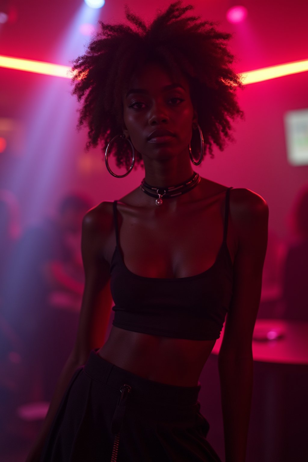 woman wearing mini skirt  in night club with neon lights