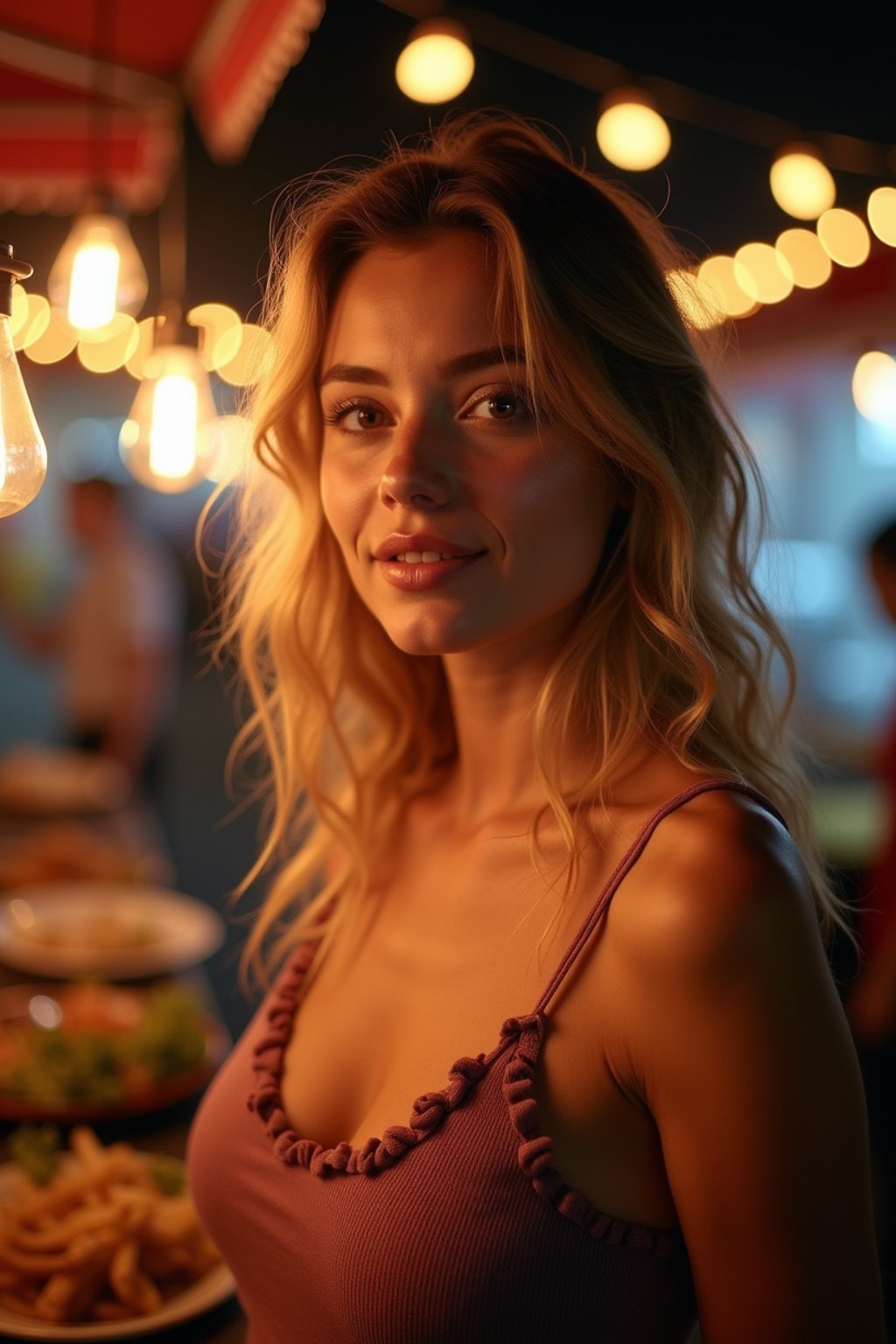 woman at a pop-up food market at night, combining the love for street food with nightlife