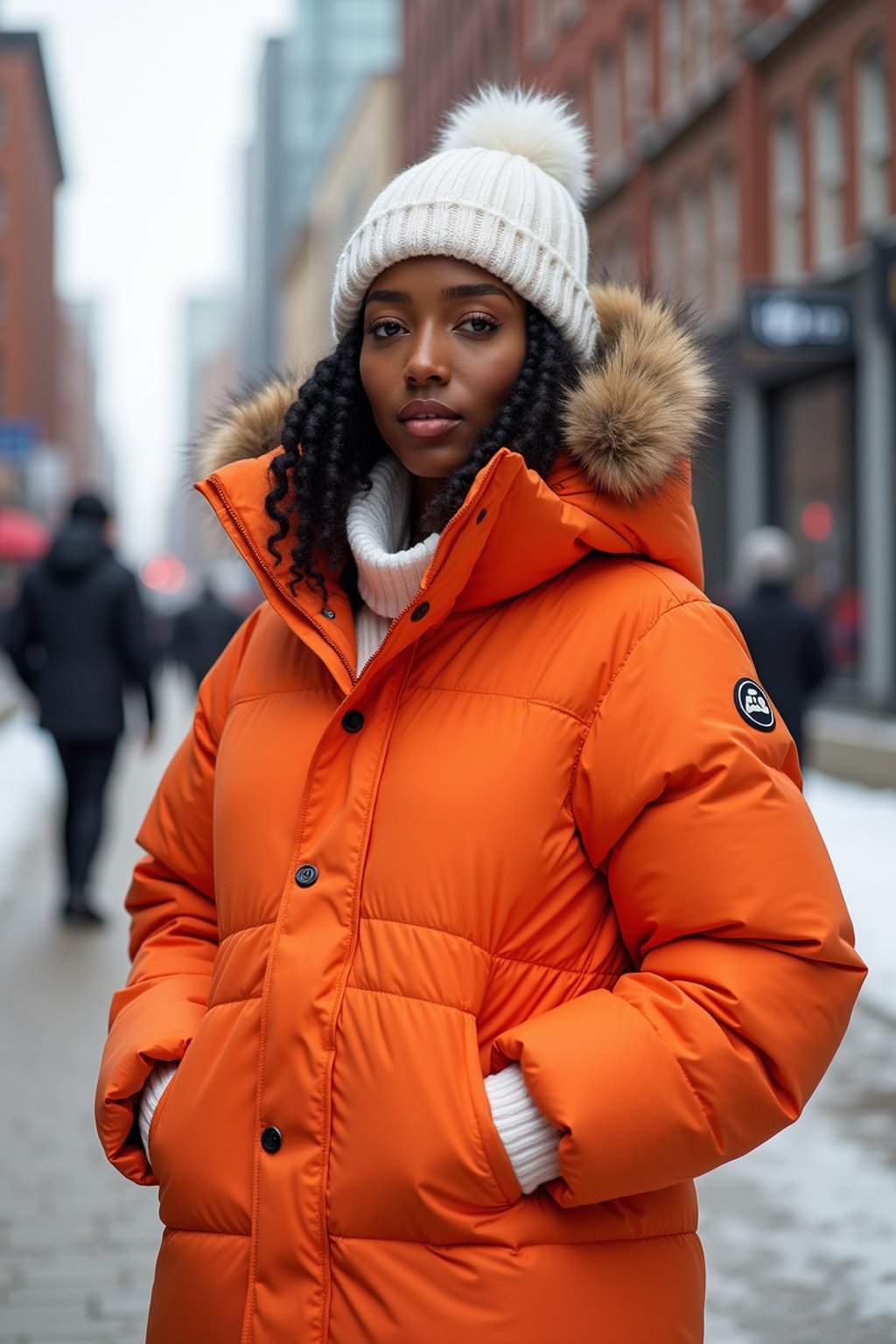 woman wearing gorpcore aesthetic, functional outdoor clothing, bright colored puffer jacket, moonboots, beanie, white wool socks, outerwear, posing for photo in the street