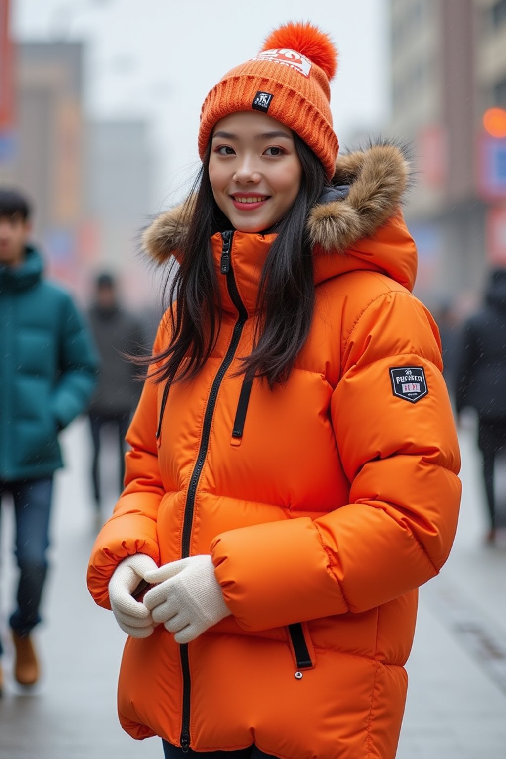 woman wearing gorpcore aesthetic, functional outdoor clothing, bright colored puffer jacket, moonboots, beanie, white wool socks, outerwear, posing for photo in the street