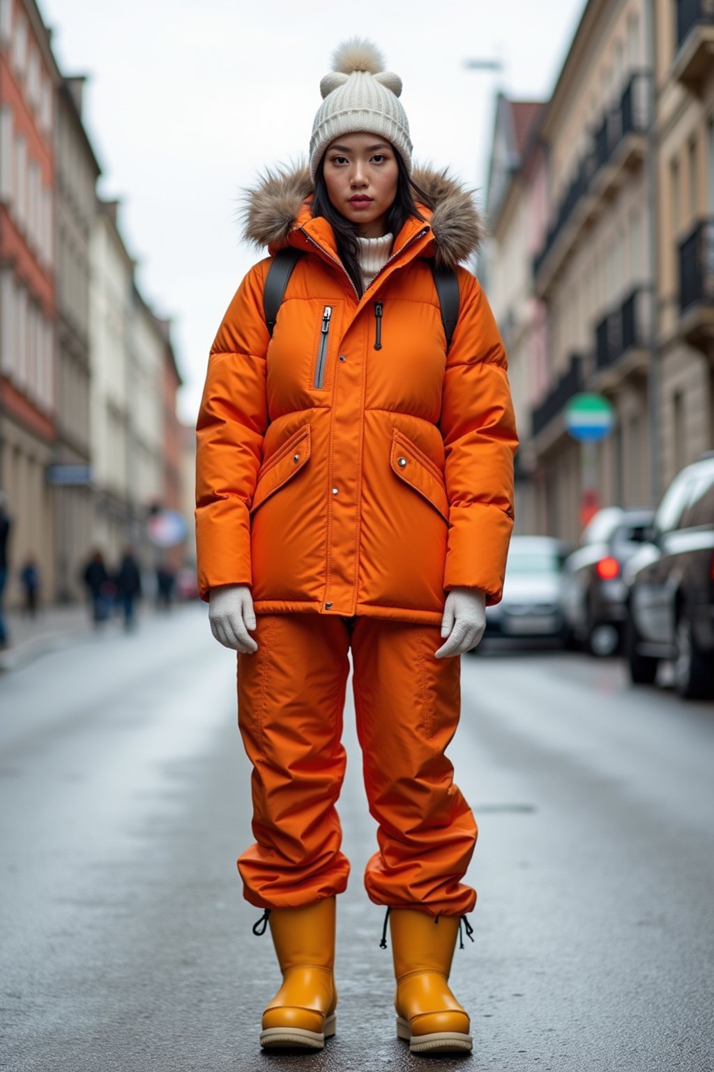 woman wearing gorpcore aesthetic, functional outdoor clothing, bright colored puffer jacket, moonboots, beanie, white wool socks, outerwear, posing for photo in the street