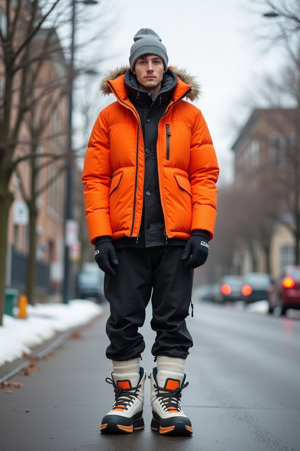 man wearing gorpcore aesthetic, functional outdoor clothing, bright colored puffer jacket, moonboots, beanie, white wool socks, outerwear, posing for photo in the street