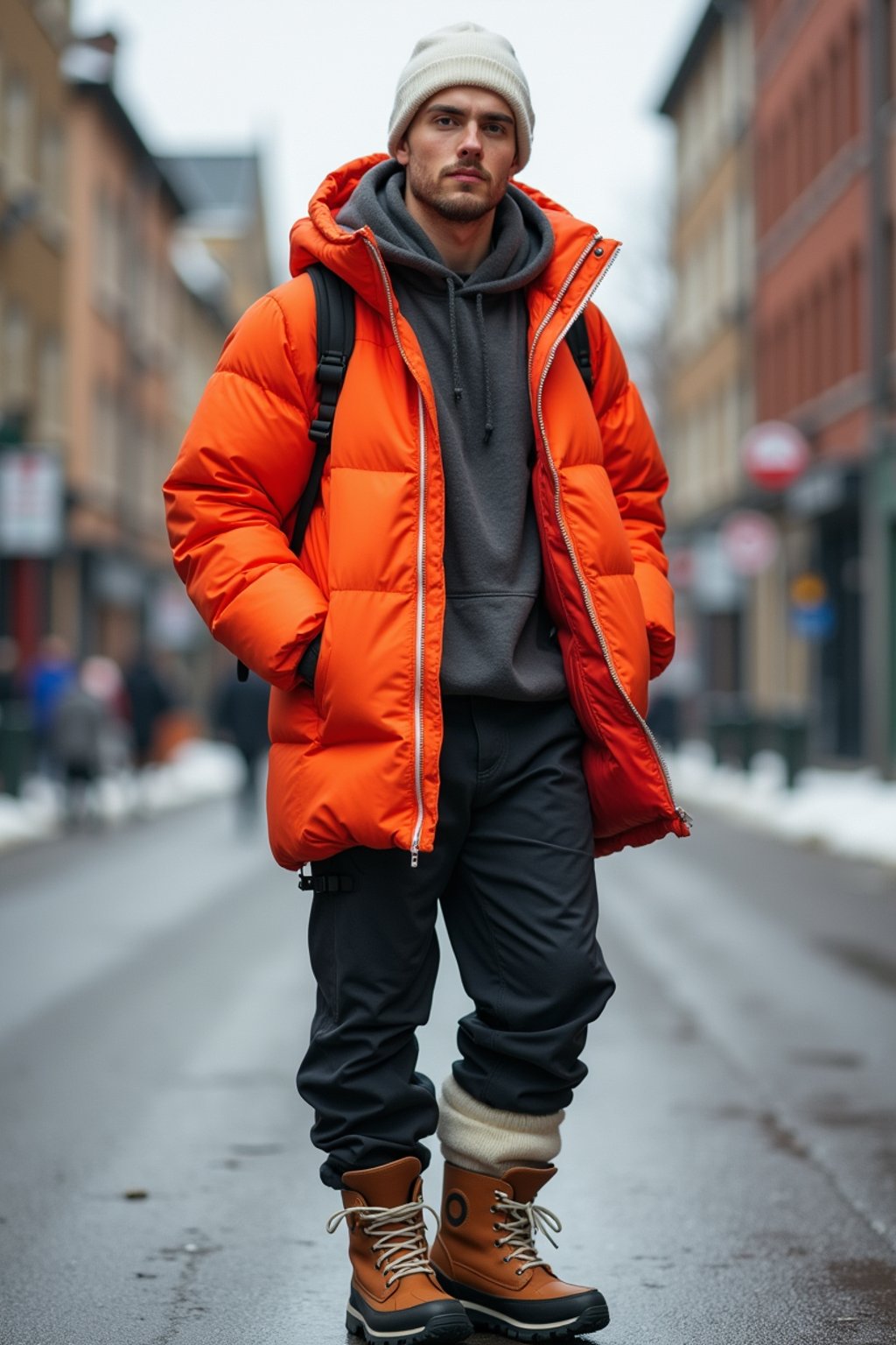 man wearing gorpcore aesthetic, functional outdoor clothing, bright colored puffer jacket, moonboots, beanie, white wool socks, outerwear, posing for photo in the street