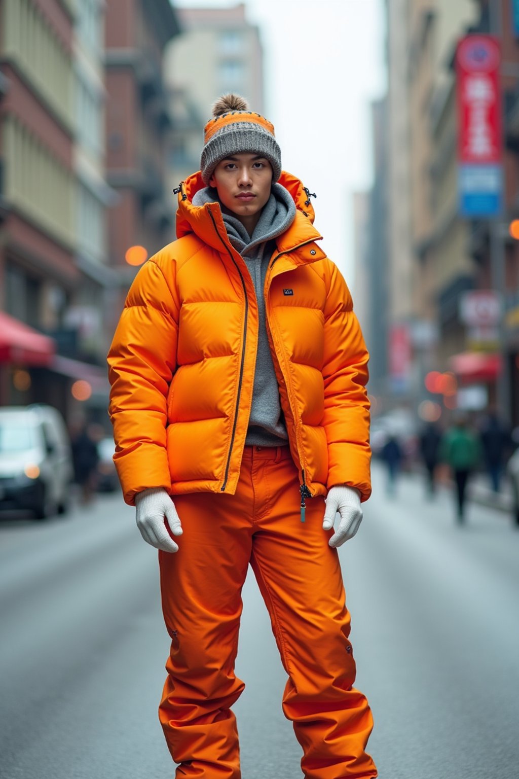 man wearing gorpcore aesthetic, functional outdoor clothing, bright colored puffer jacket, moonboots, beanie, white wool socks, outerwear, posing for photo in the street