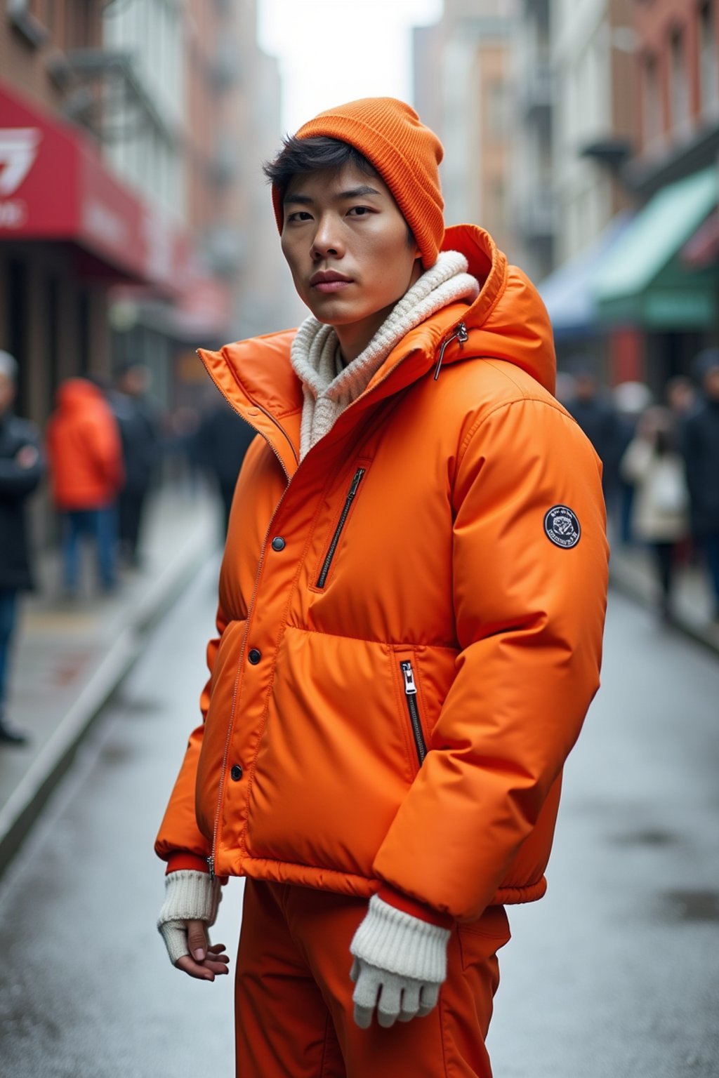 man wearing gorpcore aesthetic, functional outdoor clothing, bright colored puffer jacket, moonboots, beanie, white wool socks, outerwear, posing for photo in the street