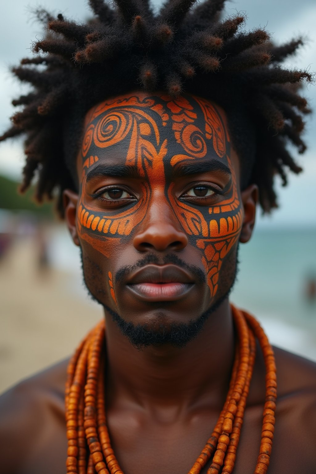 a man with  a tribal face paint design, adding an element of tribal and cultural inspiration to their festival look