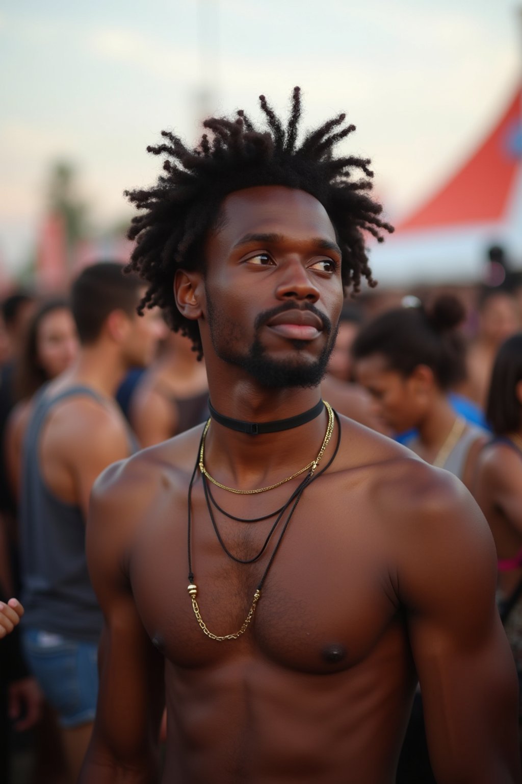 a stunning man surrounded by  a crowd of fellow festival-goers, capturing the sense of community and celebration at the festival