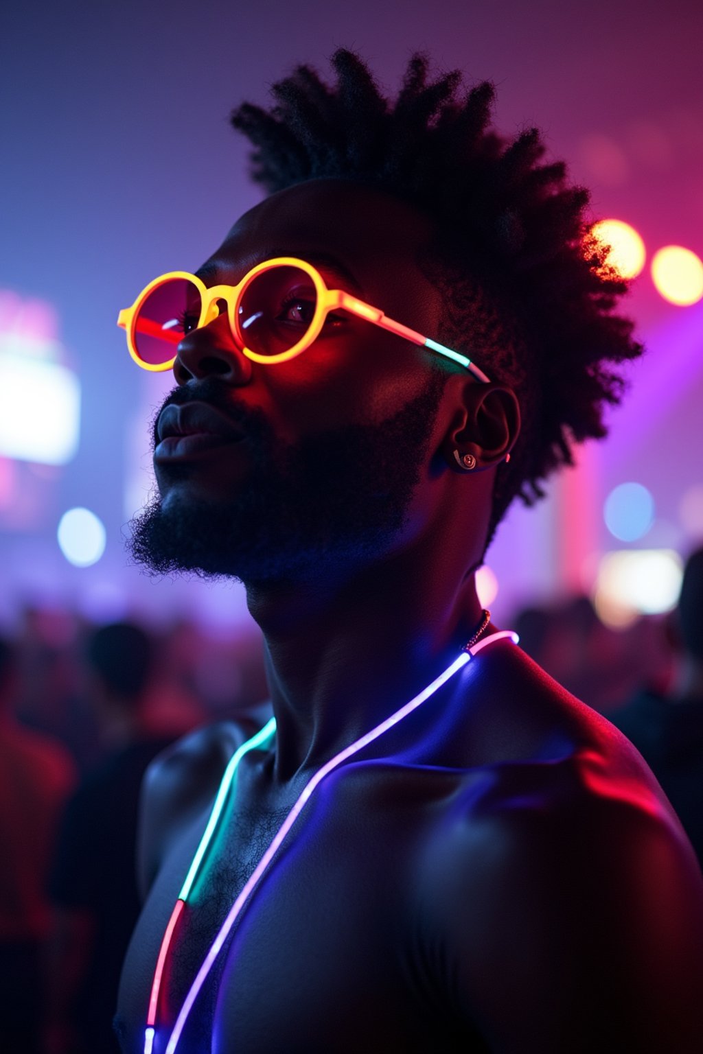 a man with  glowing LED accessories, standing out in the crowd and embracing the festival's vibrant atmosphere