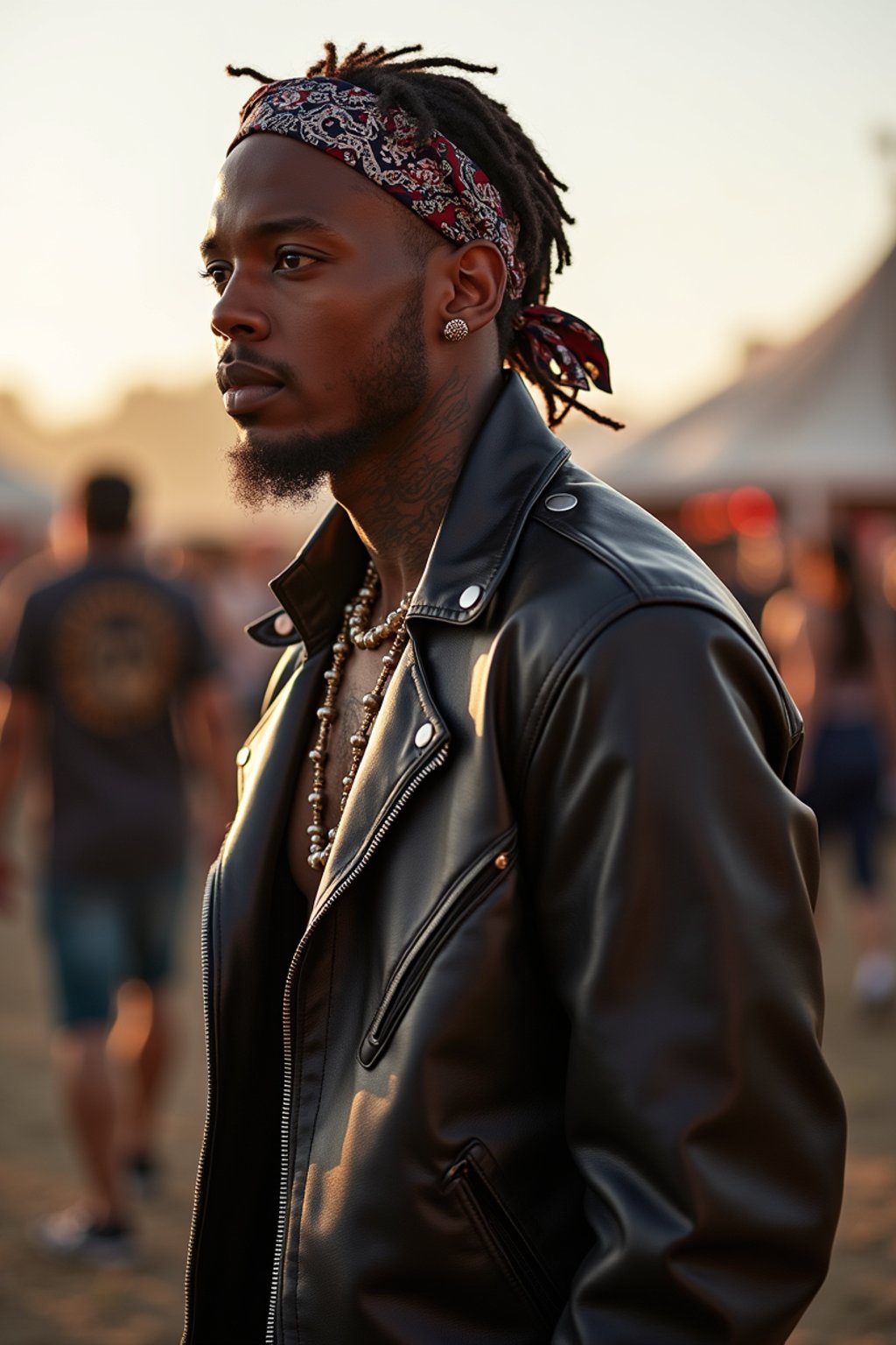 a stunning man in  a leather jacket and bandana, embodying the fusion of bohemian and rock n roll styles at the festival