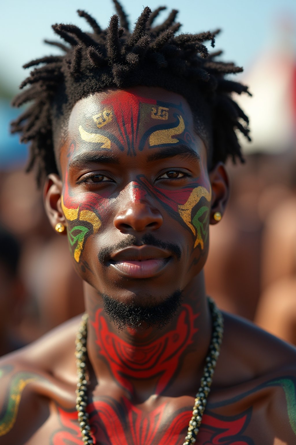 a man with  bold face and body art, capturing the artistic and expressive side of the music festival experience