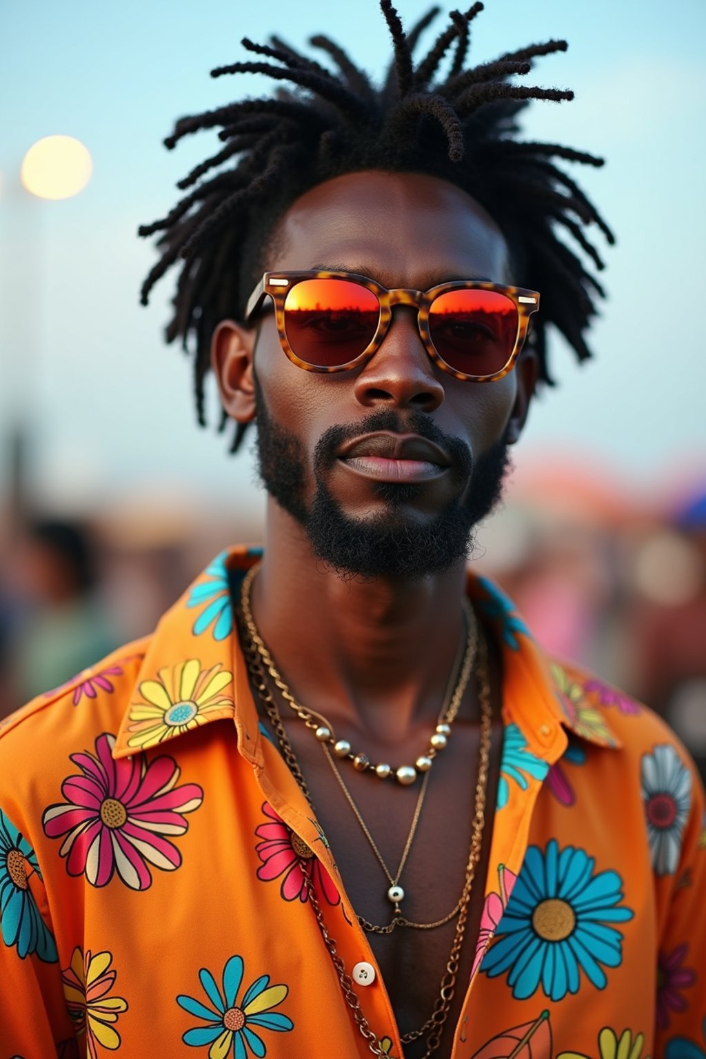 a stunning man in  a vibrant button-up shirt and funky sunglasses, capturing their eclectic and fashionable festival look