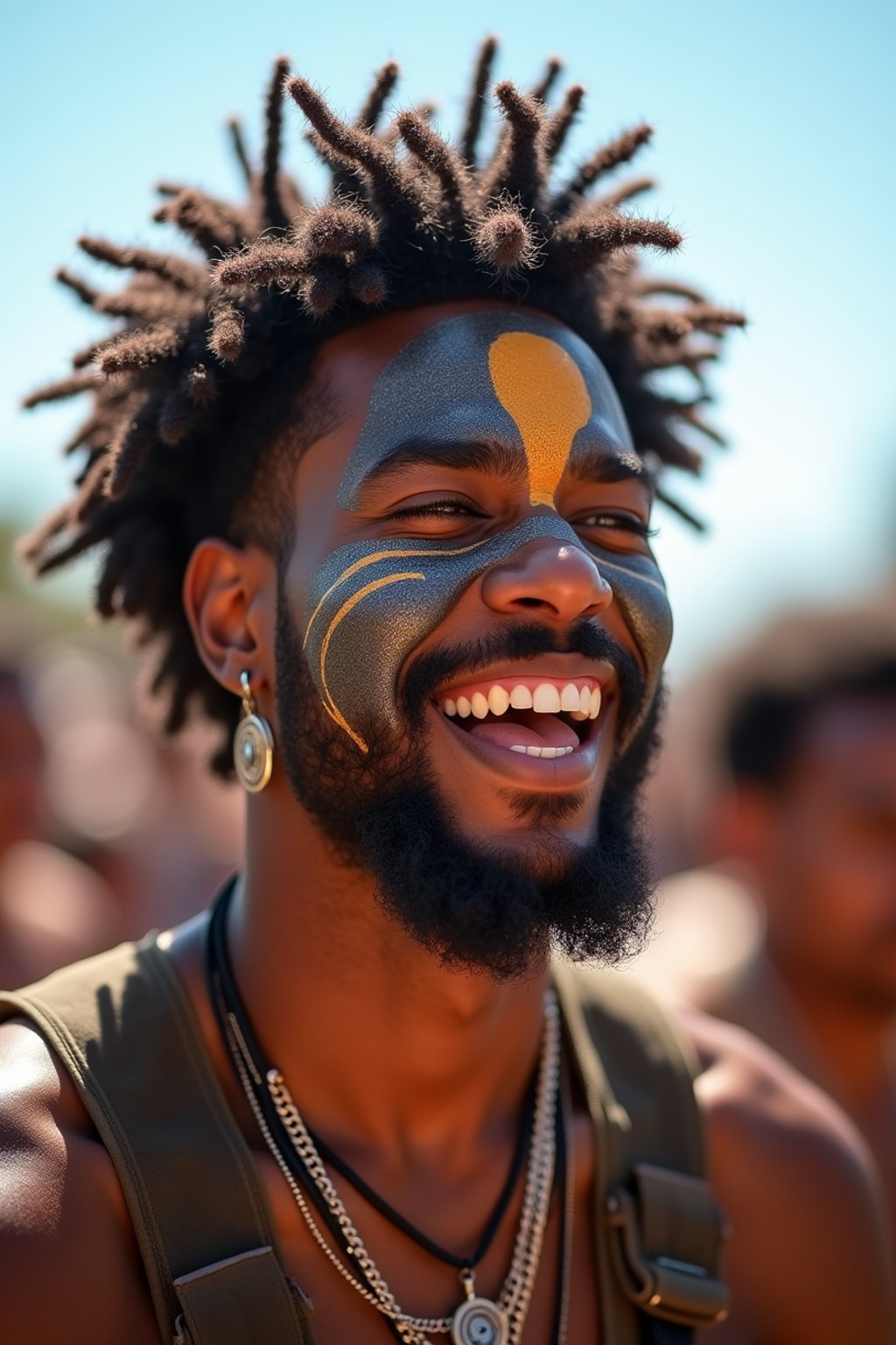 a man enjoying a live performance on a sunny day, with  a bold face paint design, radiating the joy and excitement of the festival