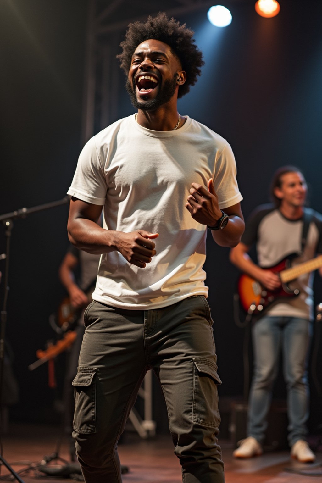 a man in  a t-shirt and cargo pants, capturing their infectious energy and enthusiasm for the music