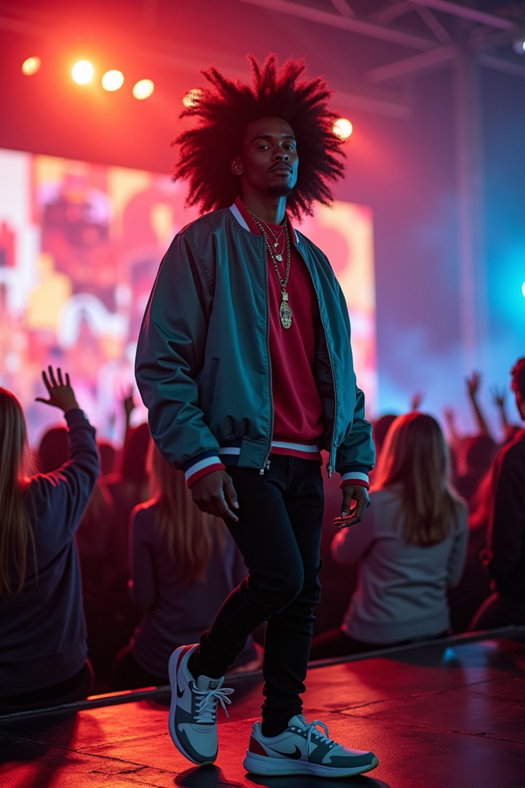 a man in  a cool bomber jacket and sneakers, striking a pose in front of a stage backdrop, capturing the excitement of a music festival