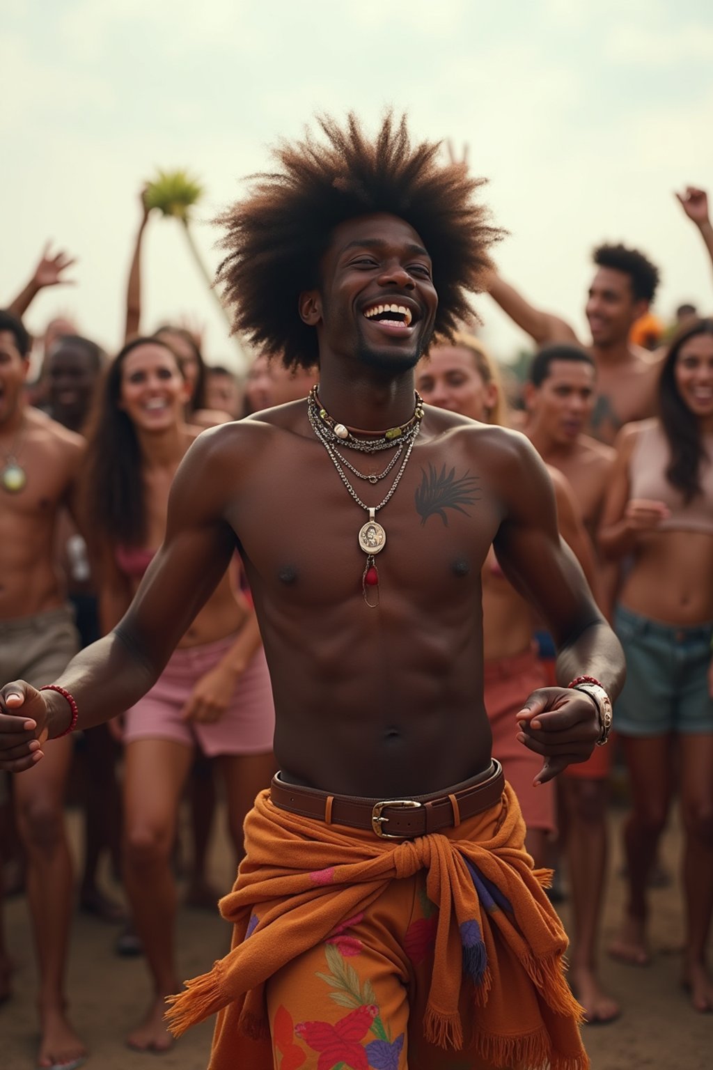 a man in a festival-inspired outfit, dancing with  a crowd of fellow festival-goers, capturing the energetic and lively atmosphere