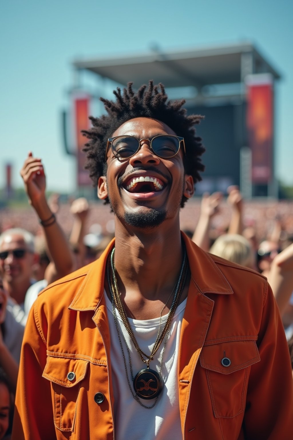 a man enjoying the live music on a sunny day, surrounded by  energetic fans and raising their hands in excitement