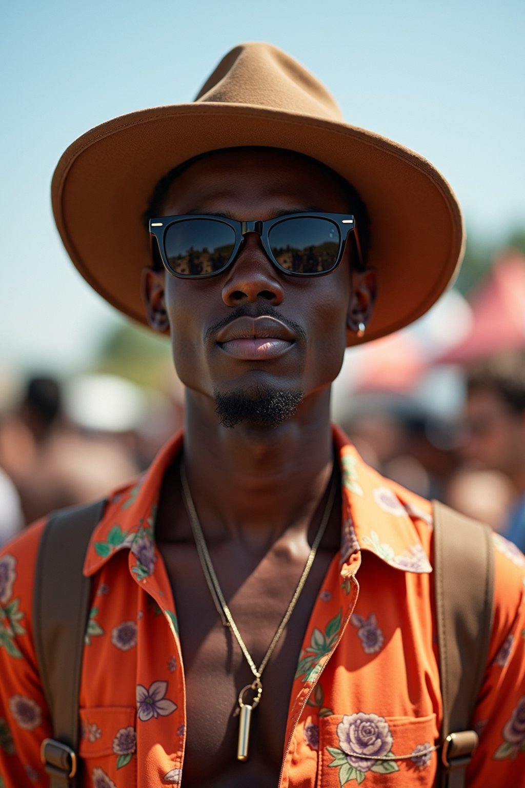 a stunning man with  a stylish hat and sunglasses, capturing the essence of festival fashion and individuality