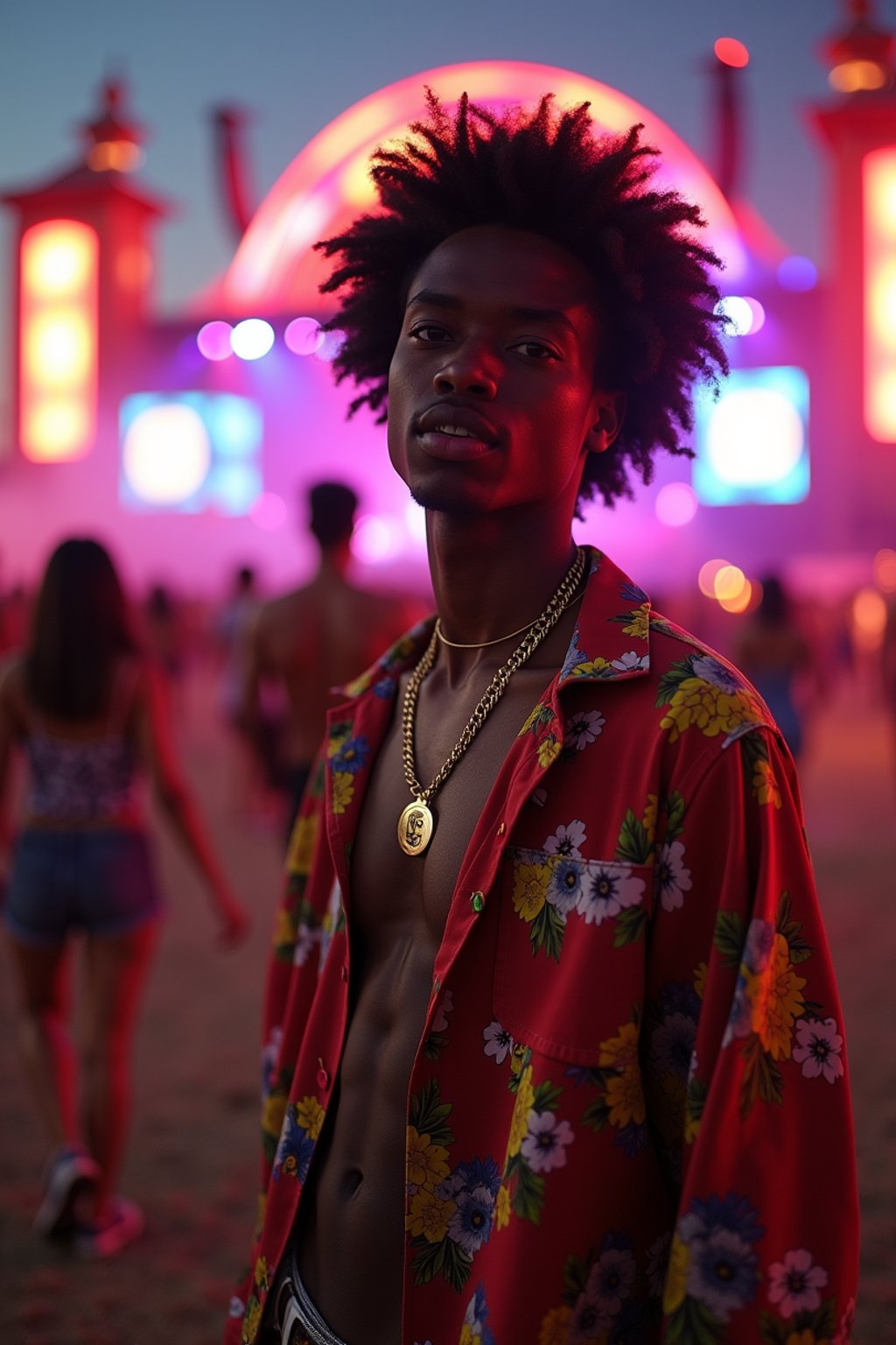 an incredibly attractive man in a festival outfit, embracing the festival vibes and posing against a backdrop of colorful stage lights and decorations