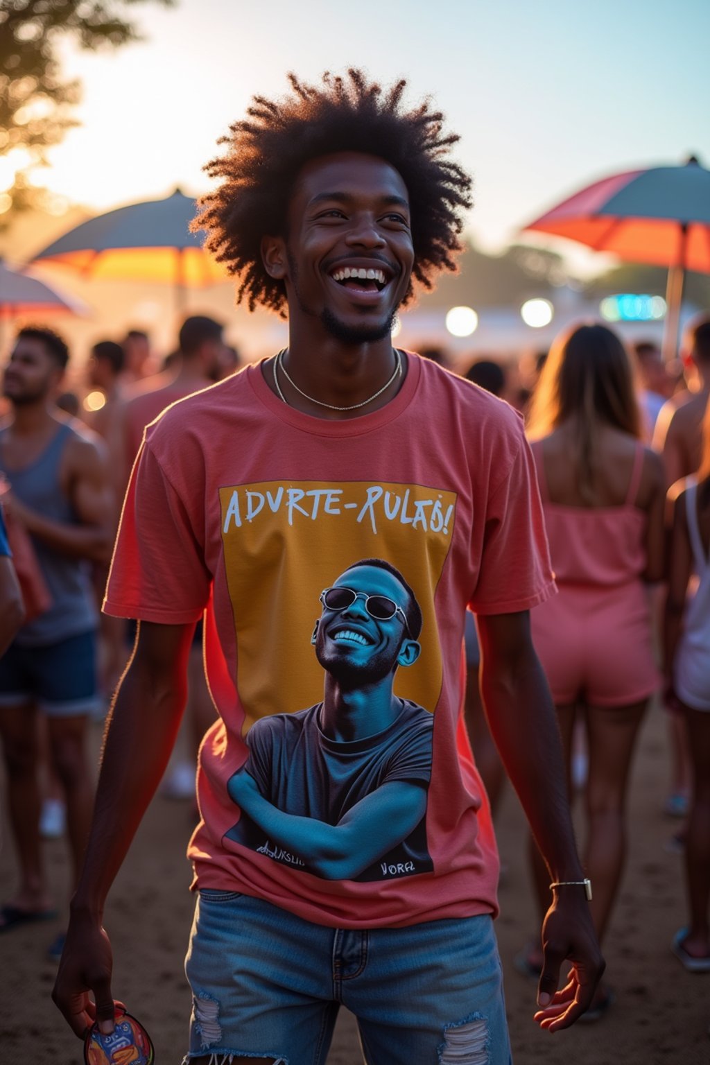 a stunning man as a festival-goer, dancing and enjoying the music in a vibrant crowd, wearing  a colorful graphic t-shirt and denim shorts