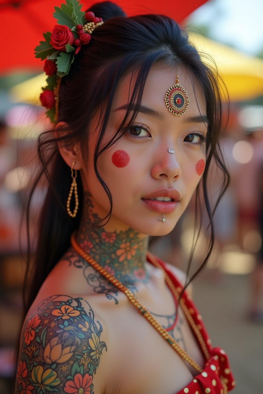 a woman with colorful temporary tattoos and henna art , adding an element of tribal and cultural inspiration to their festival look