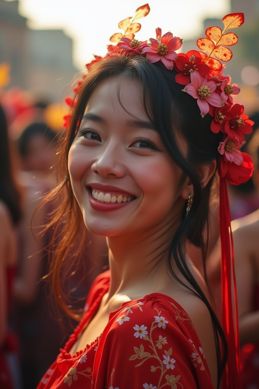 a stunning woman surrounded by a group of friends , capturing the sense of community and celebration at the festival