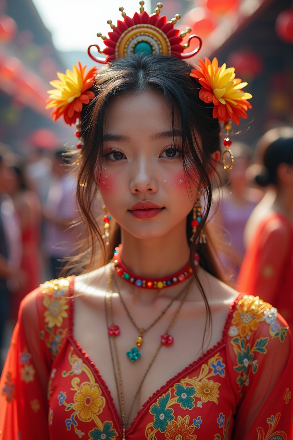 a woman with colorful festival makeup , standing out in the crowd and embracing the festival's vibrant atmosphere