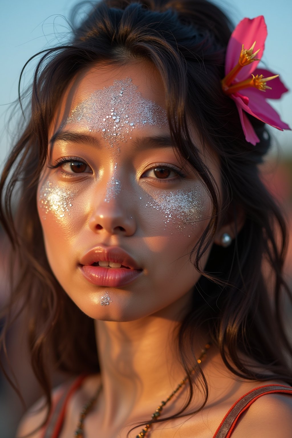 a woman with glittery makeup and body paint , capturing the artistic and expressive side of the music festival experience